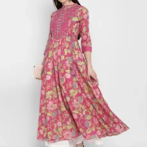 Women Printed Pure Cotton Flared Frock (Pink)