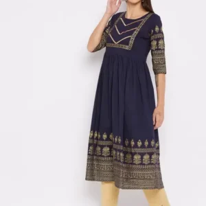 Womens Pure Cotton Flared Kurta  (Dark Blue)